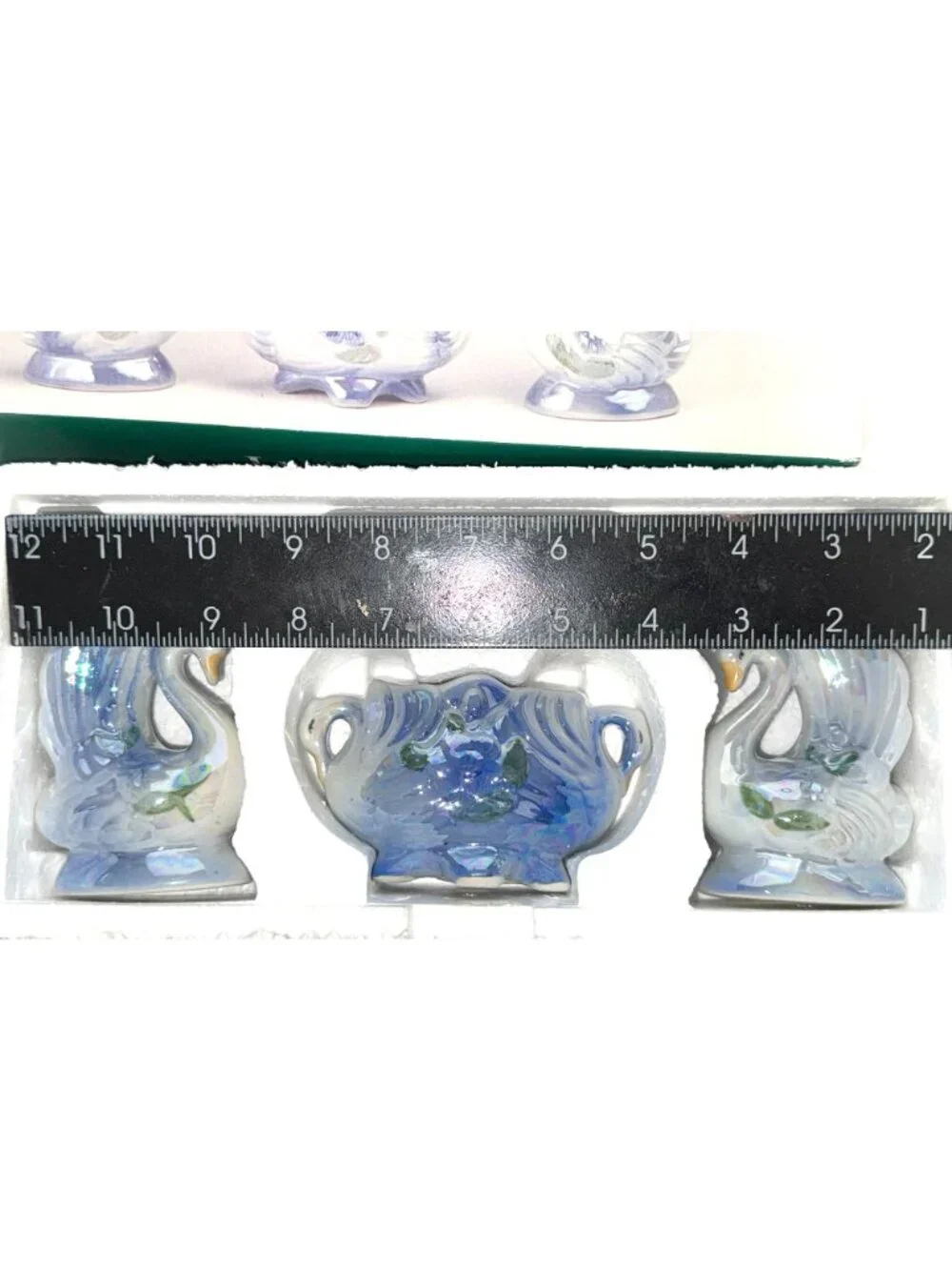 Lustre Vase 3-Piece Set Ceramic Swan Design Iridescent Finish Floral Detailing